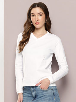 DILLINGER - Womens Regular Fit Long Sleeve Solid V-Neck White T-Shirt