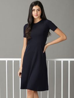 SHOWOFF - Womens Solid Round Neck Navy Blue Knee Length Dress