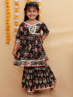 The Mom Store - Girls Black Floral Print Anarkali Kurta and Sharara (Set of 2)