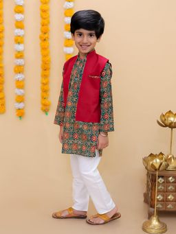 The Mom Store - Boys Emerald Floral Print Jacket and Kurta with Pyjama (Set of 3)