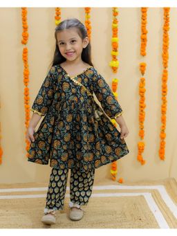The Mom Store - Girls Black Floral Print Anarkali Kurta and Pyjama (Set of 2)