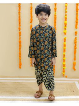 The Mom Store - Boys Black Floral Print Kurta and Dhoti (Set of 2)