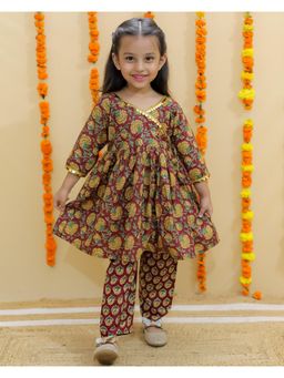 The Mom Store - Girls Maroon Floral Print Anarkali Kurta and Pyjama (Set of 2)