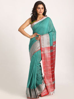 Angoshobha - Deep Teal Handloom Cotton Tangail Saree with Unstitched Blouse