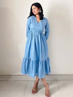 Janasya - Womens Blue Pure Cotton Schiffli Fit and Flare Dress