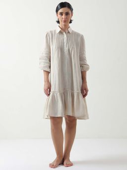 SAY - Off White Pure Cotton Casual Shirt Collar Dress for Women