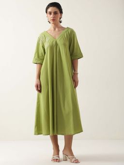 SAY - Green Cotton Casual V-Neck Dress for Women