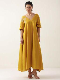 SAY - Mustard Cotton Casual V-Neck Dress for Women