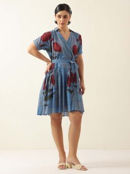 SAY - Blue Viscose Casual V-Neck Dress with Belt for Women