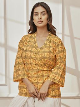 Vastramay - Women Yellow Printed Cotton V-Neck Wrap Yoga Top