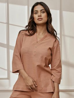 Vastramay - Women Brown Cotton Linen Mandarin Collar Yoga Top