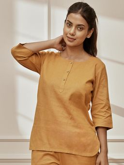 Vastramay - Women Dusty Saffron Linen Cotton Round Neck Yoga Top