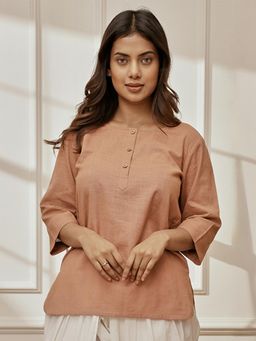 Vastramay - Women Brown Cotton Linen Round Neck Yoga Top
