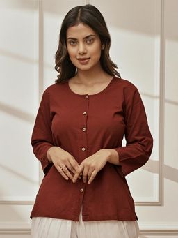 Vastramay - Women Maroon Cambric Cotton Round Neck Yoga Top