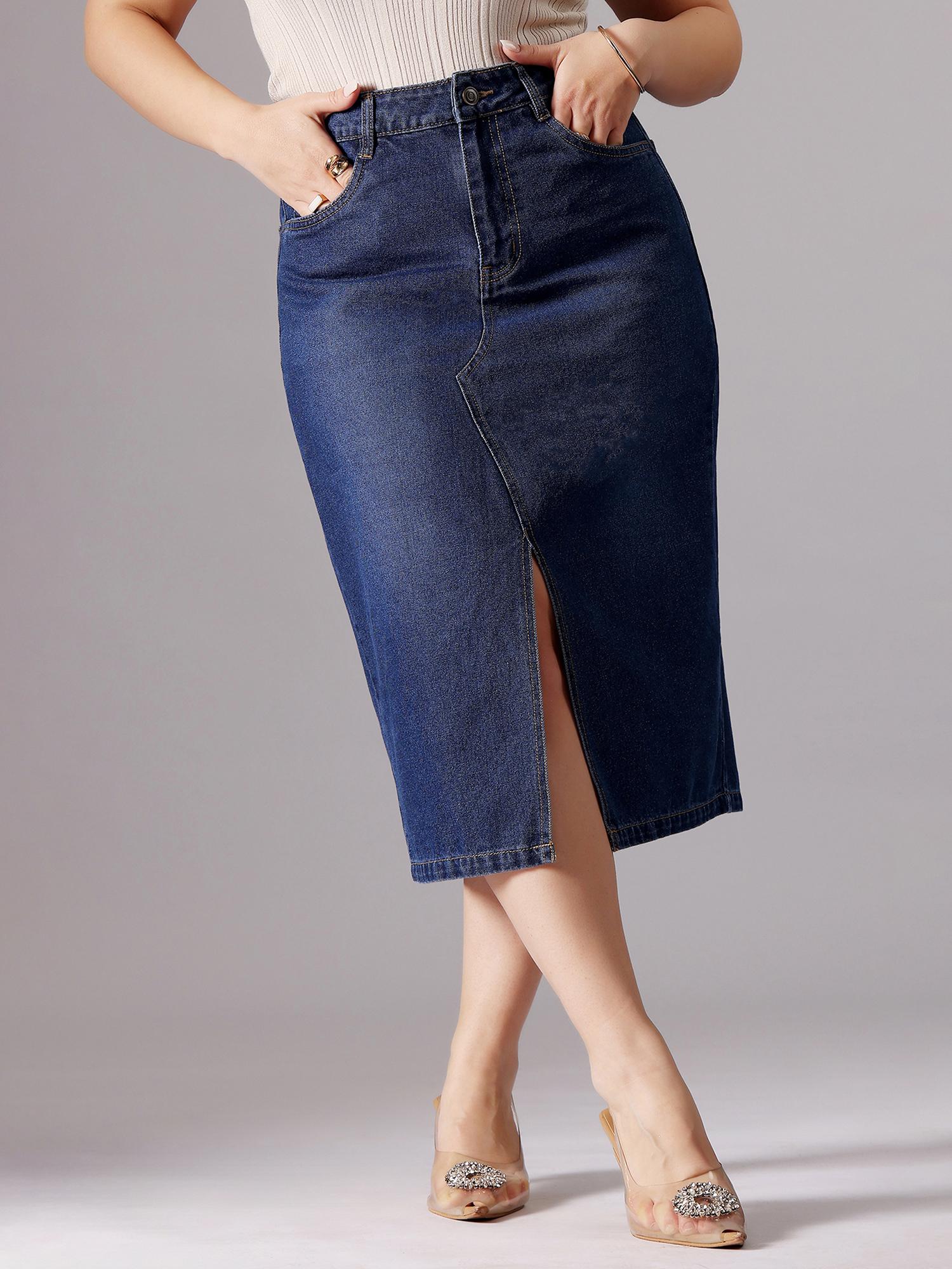 miss chase A+ Curve Collection Plus Size Women's Dark Blue Denim Midi Skirt-picture-17