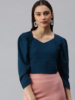 SHOWOFFFF - Women Sweetheart Puff Sleeves Solid Teal Top