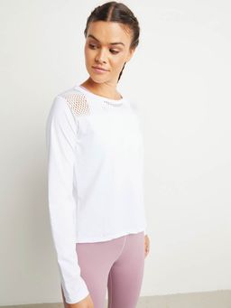 Styli - White Curved Open Back Mesh Insert Long Sleeves Active Top