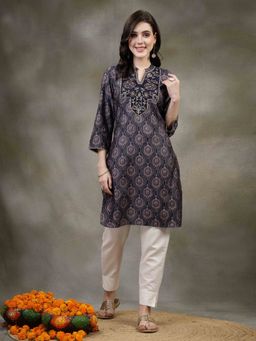 Nayam by lakshita - Navy Blue Floral Embroidered Modal Kurti