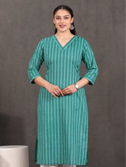 ARAMYA - Women Green Soft Cotton Straight Striped Print Kurta
