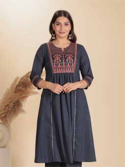 ARAMYA - Women Grey Soft Cotton Panelled Solid Festive Wear Kurta