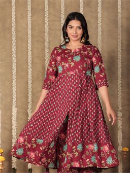 ARAMYA - Women Maroon Soft Cotton Anarkali Floral Print Kurta