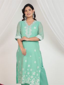 ARAMYA - Women Green Chanderi Straight Floral Print Festive Wear Kurta