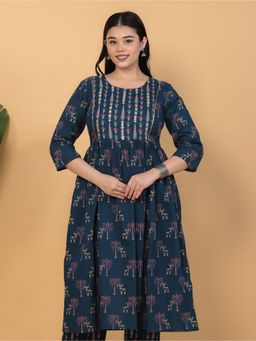 ARAMYA - Women Teal Soft Cotton A-Line Abstract Print Kurta