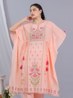ARAMYA - Women Peach Soft Cotton Floral Print Kaftan Kurta