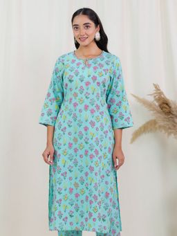 ARAMYA - Women Turquoise Soft Cotton Straight Floral Print Kurta