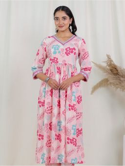ARAMYA - Women Pink Soft Cotton Foliage Print Kurta