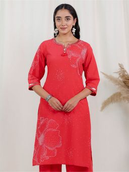 ARAMYA - Women Red Soft Cotton Straight Bandhani Print Kurta