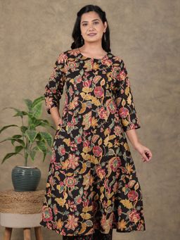 ARAMYA - Women Black Soft Cotton A-Line Floral Print Kurta