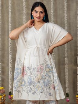 ARAMYA - Women Off White Linen Cotton Placement Floral Printed Kaftan Kurta