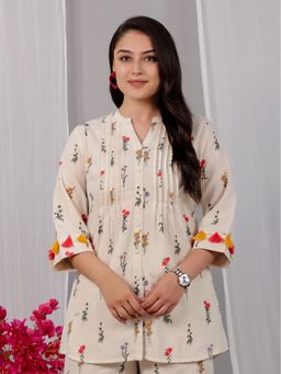 ARAMYA - Women Off White Linen Cotton Floral Print Kurta