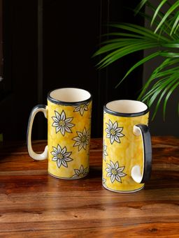 ExclusiveLane - 'Californian Sunflowers' Hand-Painted Ceramic Beer & Milk Mugs (Set Of 2)