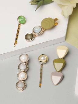 Priyaasi - Green Toned Rose Gold-Plated Set of 5 Hair Pins