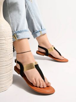 Shoetopia - Stylish Ethnic Black Flat Sandals for Women & Girls