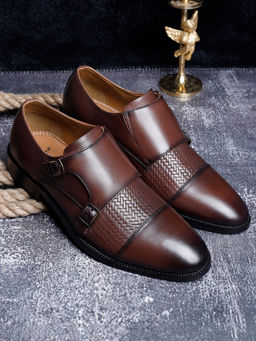 Louis Stitch - Men Brunette Brown Italian Leather Dual Tone Patina Monk Straps