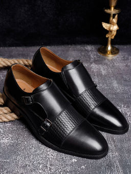 Louis Stitch - Men Jet Black Italian Leather Dual Tone Patina Monk Straps
