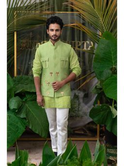 Runit Gupta - Moss Lime Green And White Kurta With Pyjama (Set of 2)