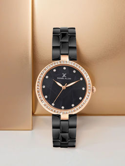 Daniel Klein - Night Black with Rose Gold Stones Studded Women Premium Watch - Dk.1.14019-1 (Medium)