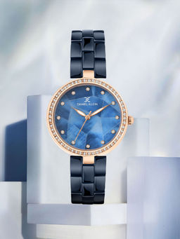 Daniel Klein - Navy Blue Strap with Rose Gold Stone Studded Women Watch - Dk.1.14019-3 (Medium)