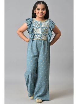 Aurelia - Girls Blue Embroidered Ruffle Top With Palazzo (Set of 2)