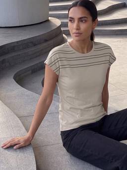max - Women Beige Striped T-Shirt