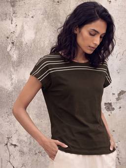 max - Women Brown Striped T-Shirt