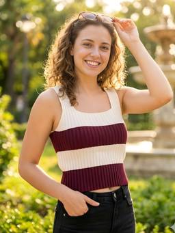 LASOON - Women Wine Striped Sleeveless Square Neck Stretch Crop Top