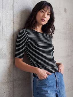max - Women Black Striped T-Shirt
