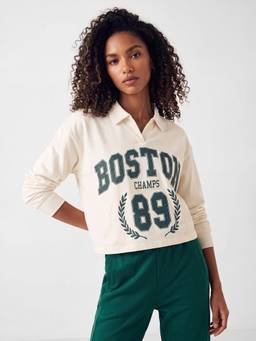 max - Women White Boston Champs Printed Johnny Collar T-Shirt