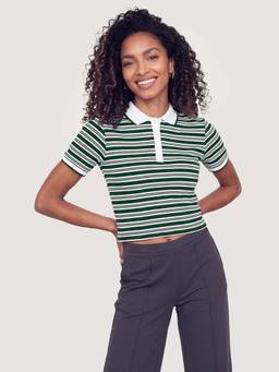 max - Women Green Striped Polo T-Shirt