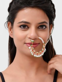 Silvermerc Designs - Gold Plated Red & White Stone Studded & Beaded Nose Ring